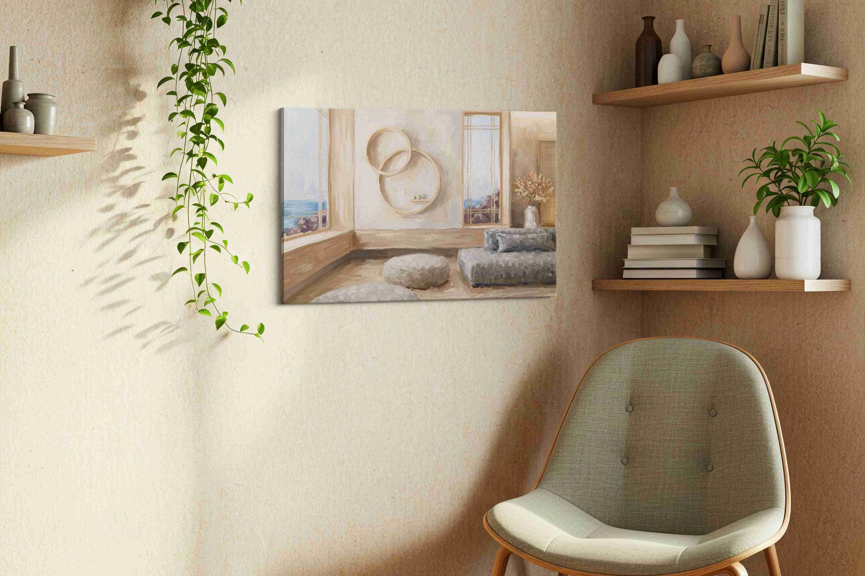 Serene Coastal Sanctuary minimalist canvas print, displayed in a living room