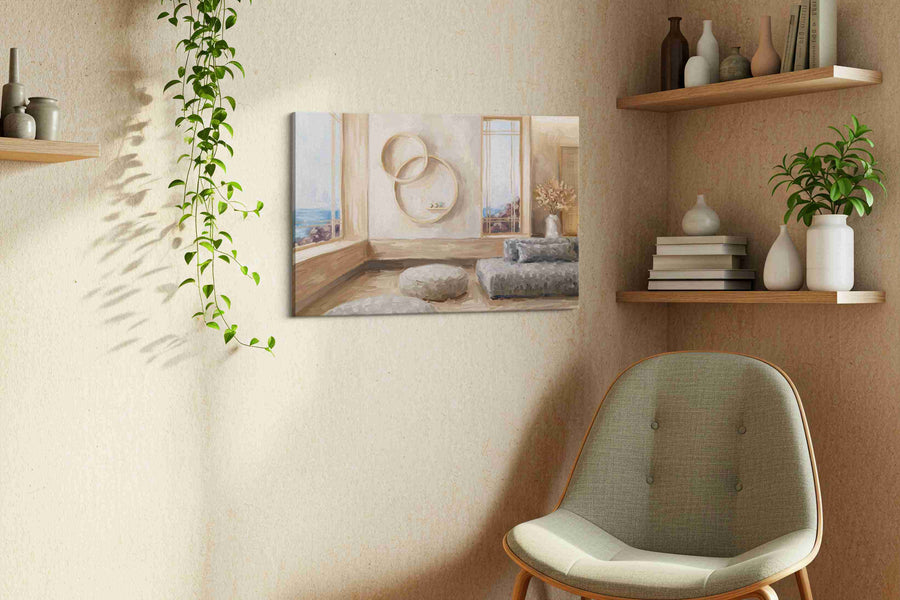 Serene Coastal Sanctuary minimalist canvas print, displayed in a living room
