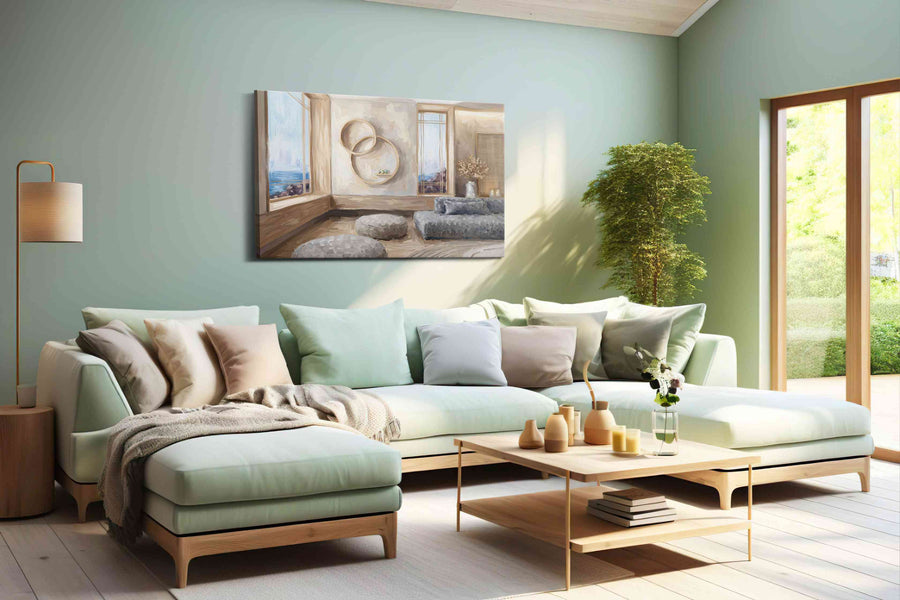 Serene Coastal Sanctuary minimalist canvas print, hanging on wall