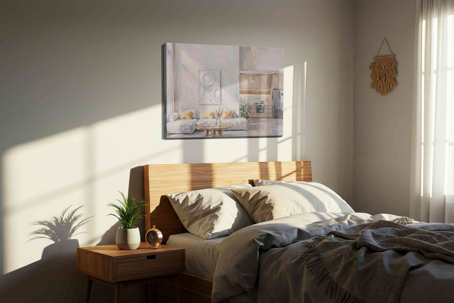 Serene Morning Light minimalist canvas print, displayed in a bedroom