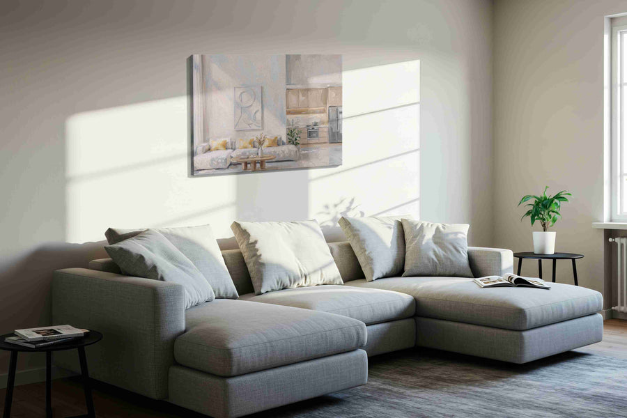 Serene Morning Light minimalist canvas print in a living room scene