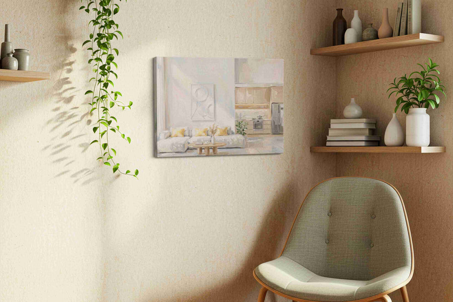 Serene Morning Light minimalist canvas print, displayed in a living room