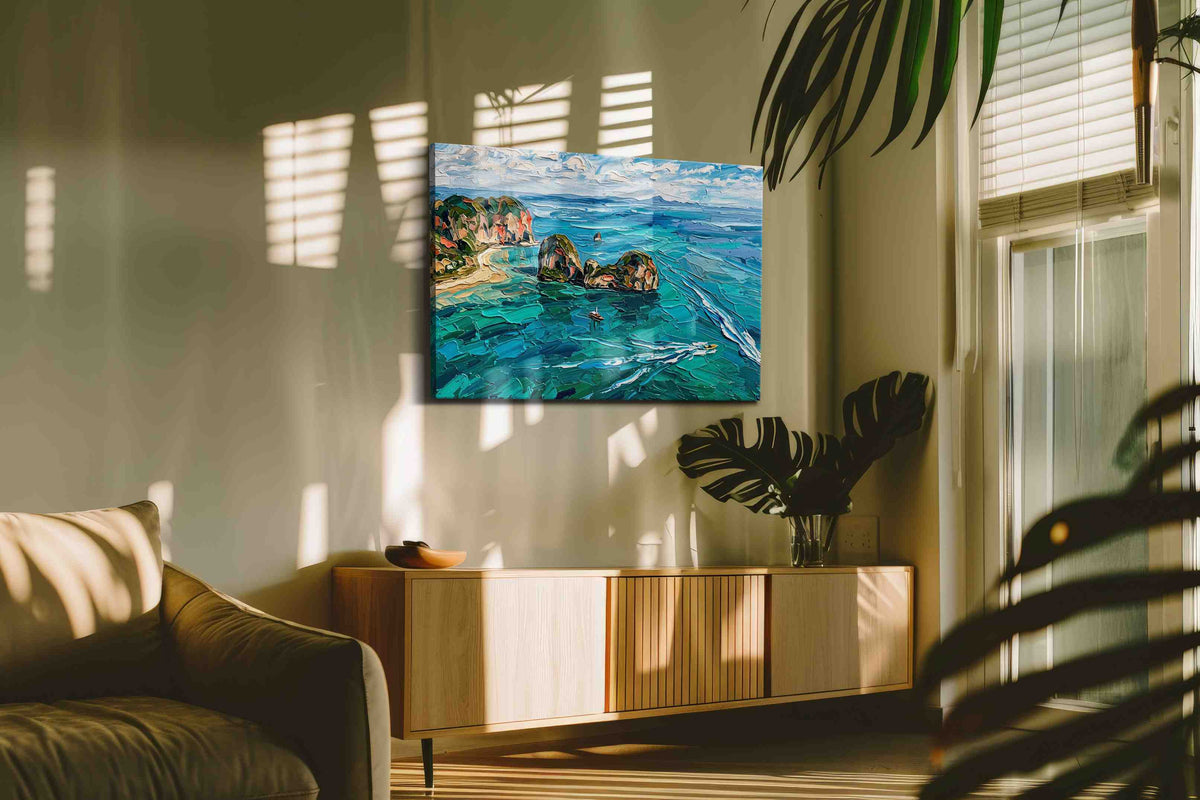 Whispers of the Turquoise Tides beach canvas print, displayed in a living room