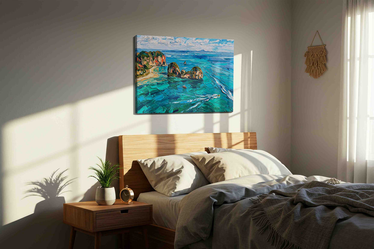 Whispers of the Turquoise Tides beach canvas print, displayed in a bedroom