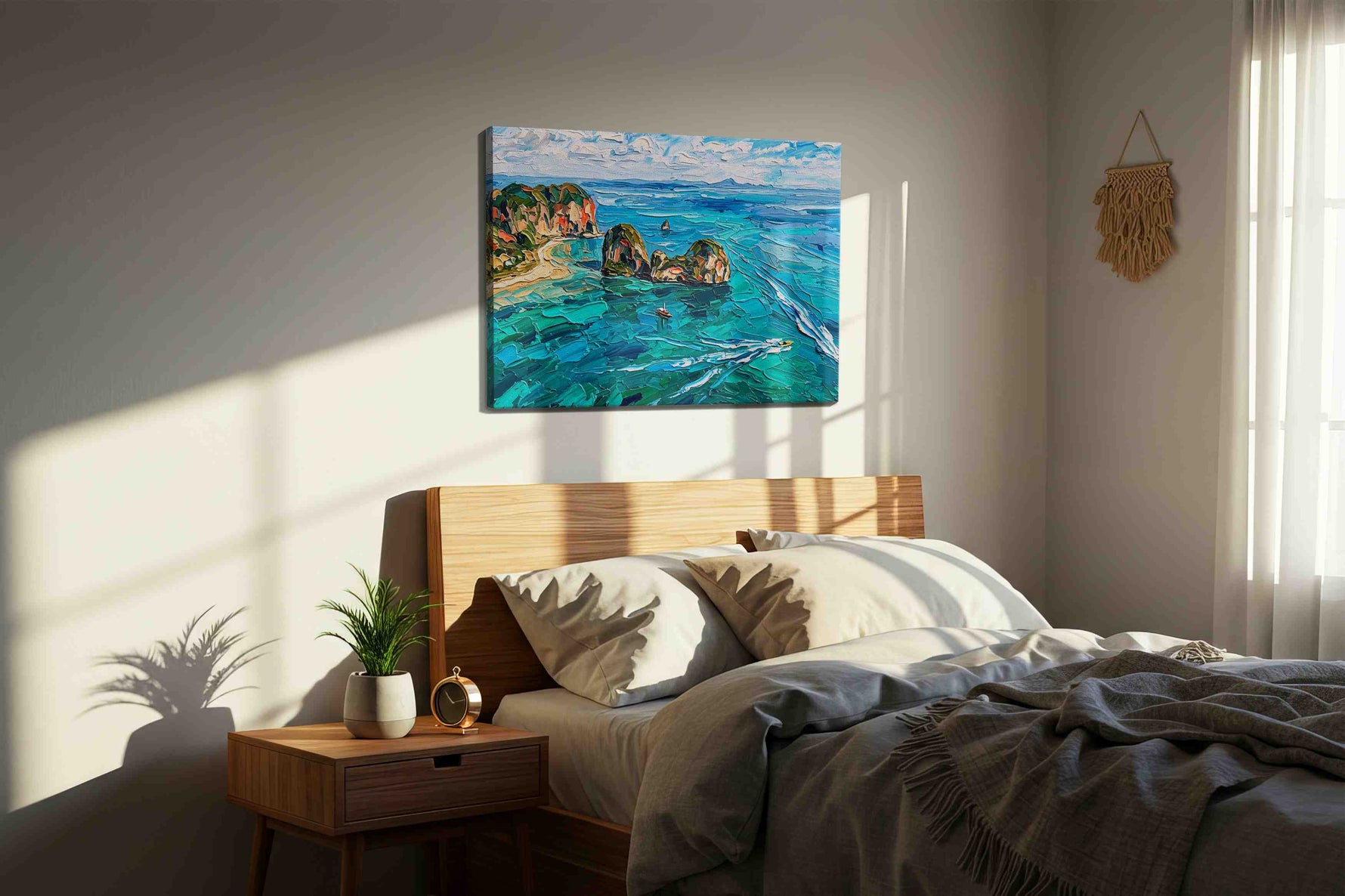 Whispers of the Turquoise Tides beach canvas print, displayed in a bedroom