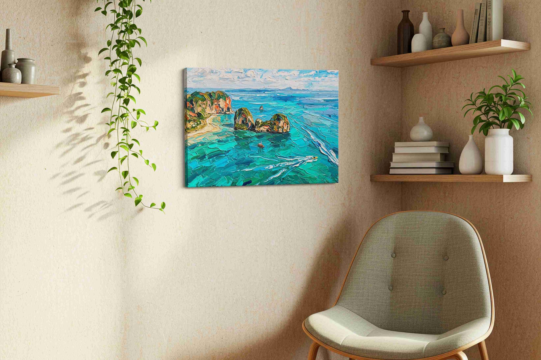 Whispers of the Turquoise Tides beach canvas print, hanging on wall — view 2