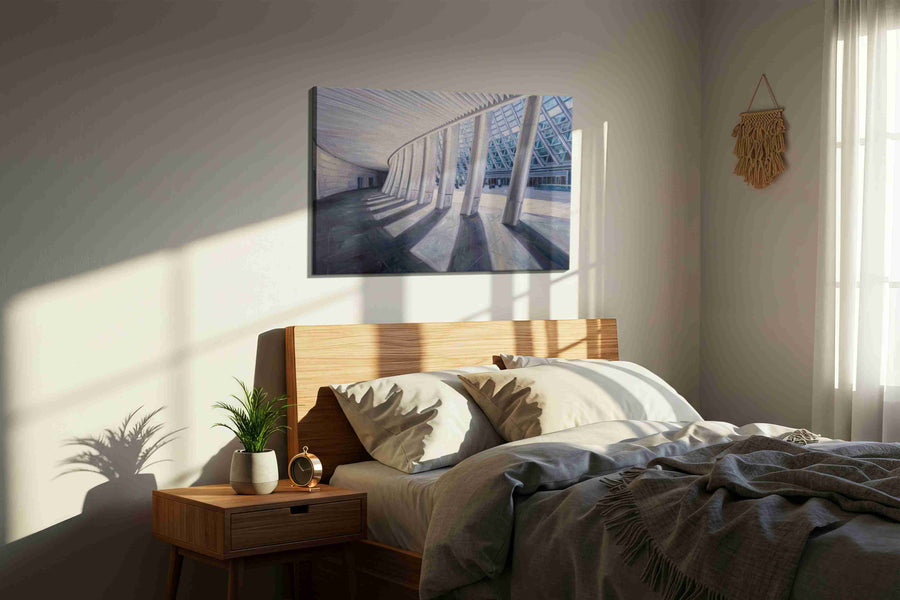 Curved Perspectives in Light minimalist canvas print, displayed in a bedroom