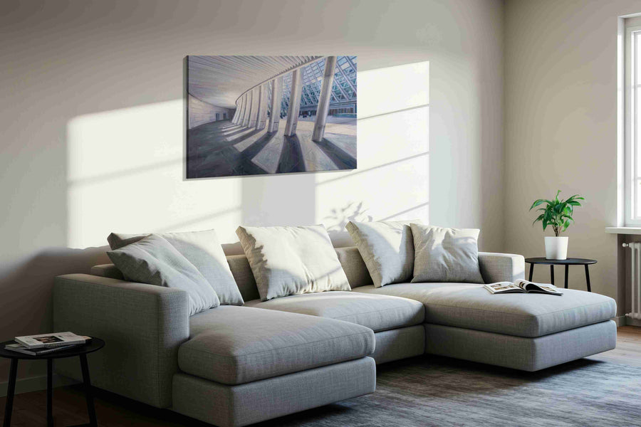 Curved Perspectives in Light minimalist canvas print, displayed in a living room