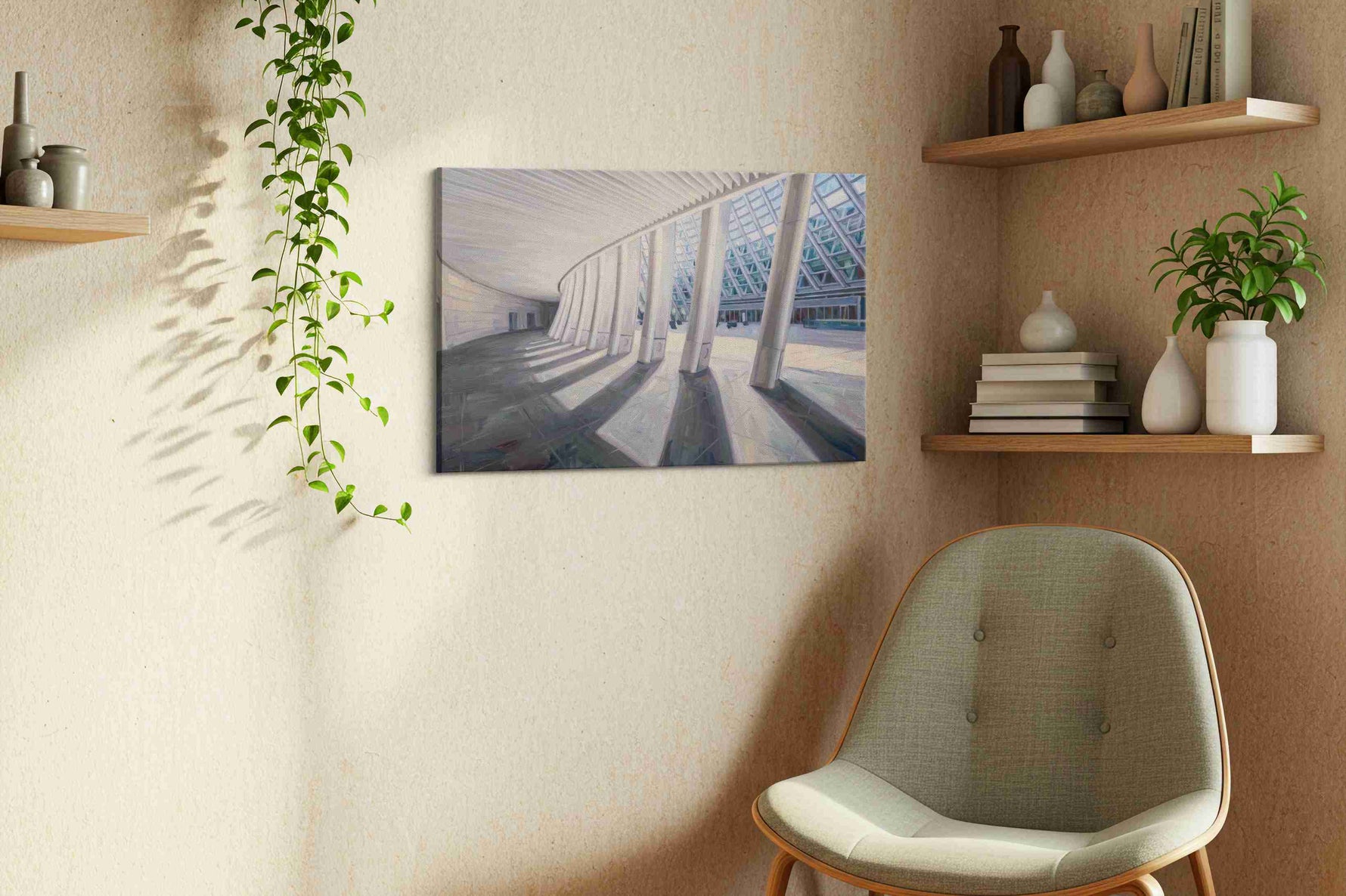 Curved Perspectives in Light minimalist canvas print, hanging on wall