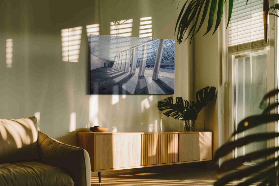 Curved Perspectives in Light minimalist canvas print in a hung canvas mockup