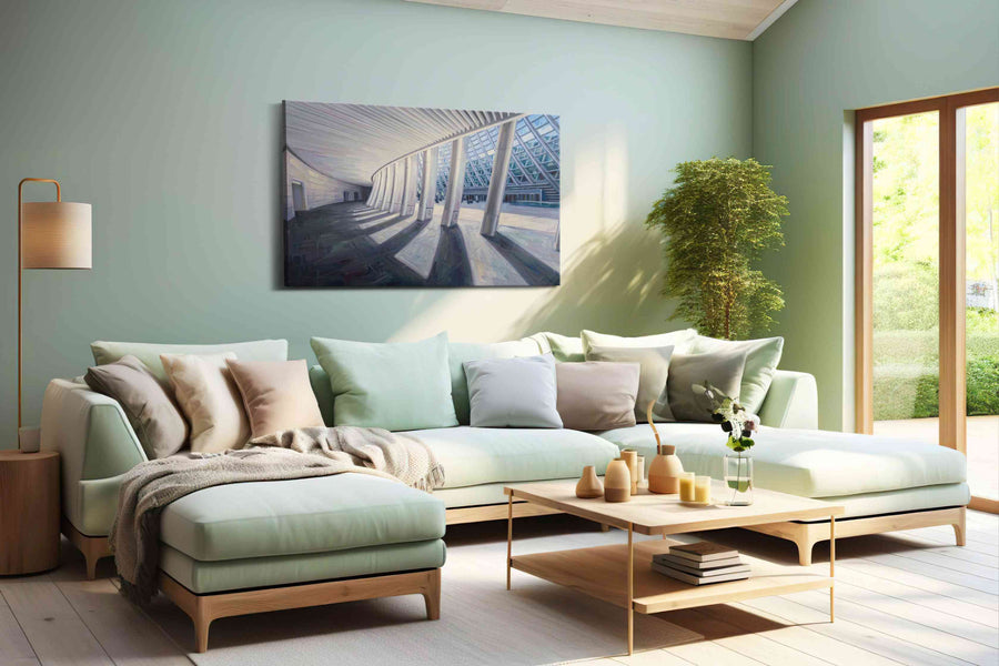 Curved Perspectives in Light minimalist canvas print shown in a wall scene