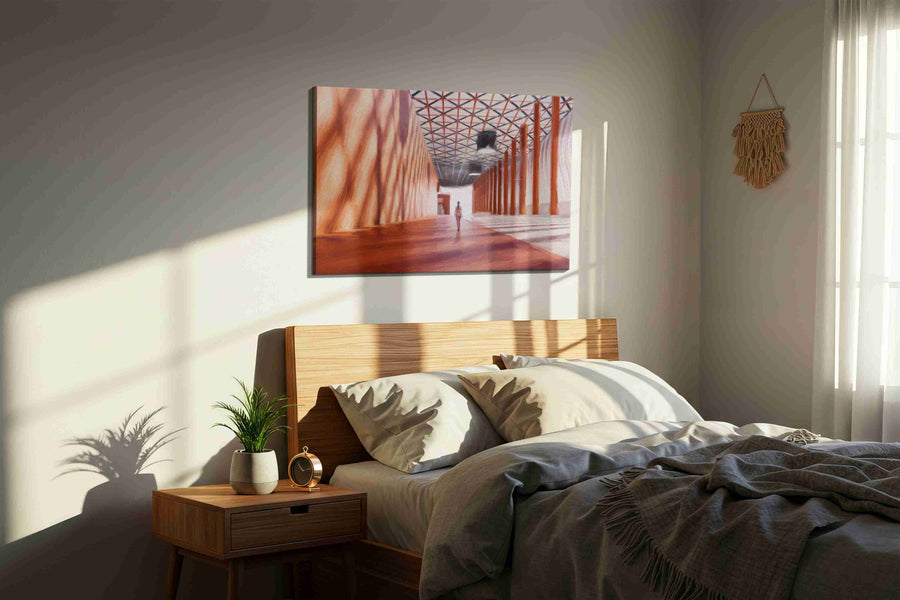 Echoes of Solitude minimalist canvas print, displayed in a bedroom