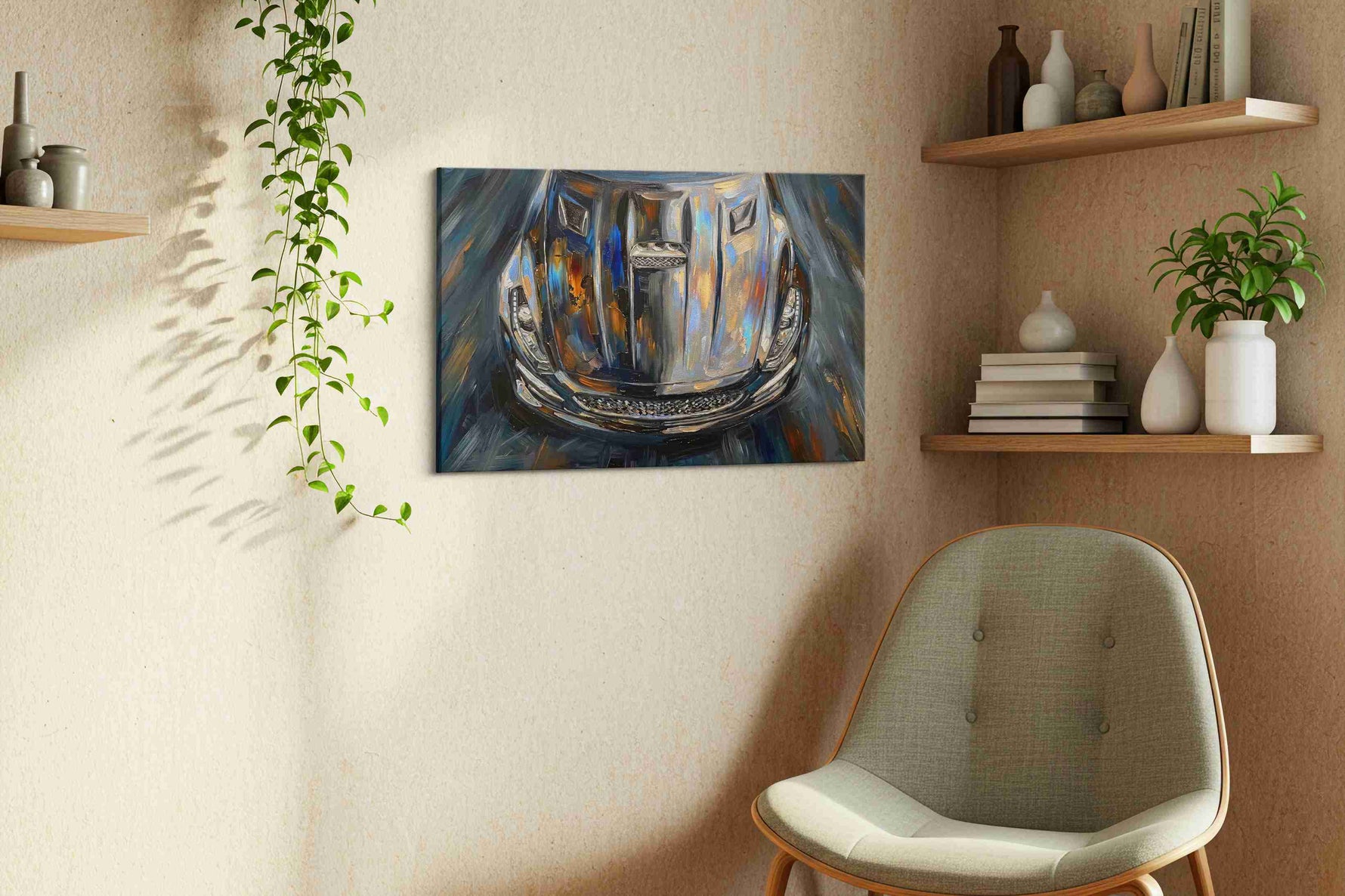 Chrome Symphony Speed and Light automobile canvas print, hanging on wall — view 2
