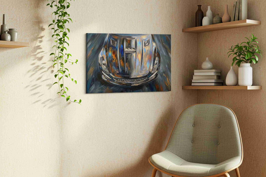 Chrome Symphony Speed and Light automobile canvas print, hanging on wall — view 2