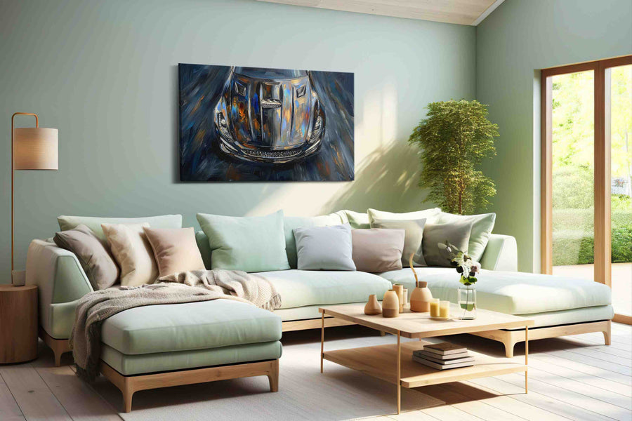 Chrome Symphony Speed and Light automobile canvas print shown in a wall scene