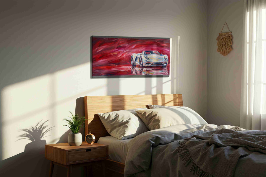 Crimson Velocity automobile canvas print, displayed in a bedroom