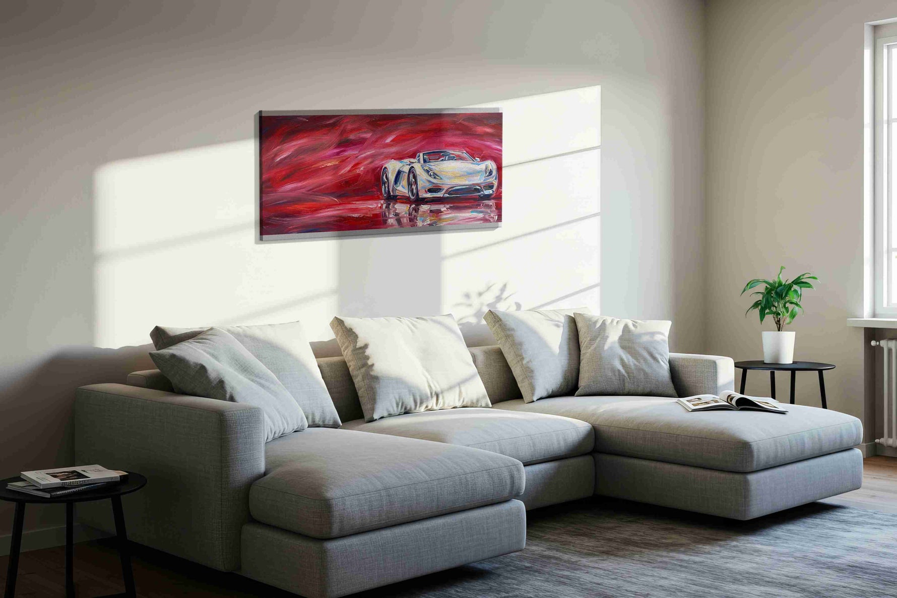 Crimson Velocity automobile canvas print, displayed in a living room