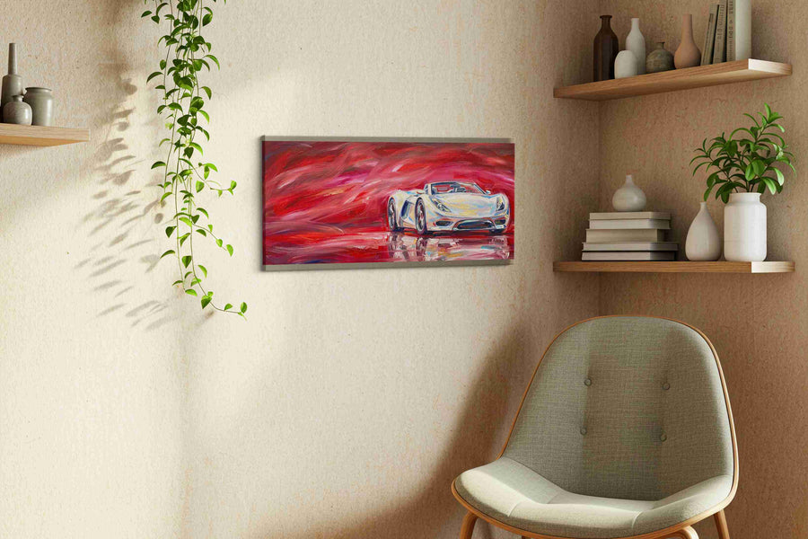 Crimson Velocity automobile canvas print in a living room scene