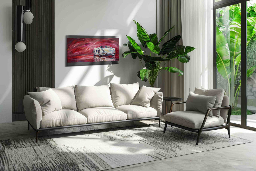 Crimson Velocity automobile canvas print, on wall, lifestyle preview