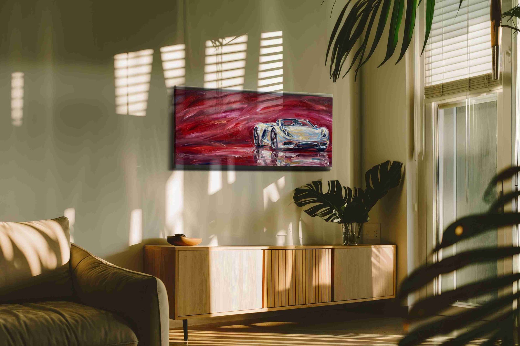 Crimson Velocity automobile canvas print in a contemporary interior mockup