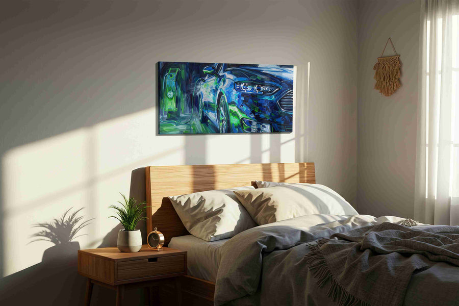 Electric Dreamscape automobile canvas print, displayed in a bedroom