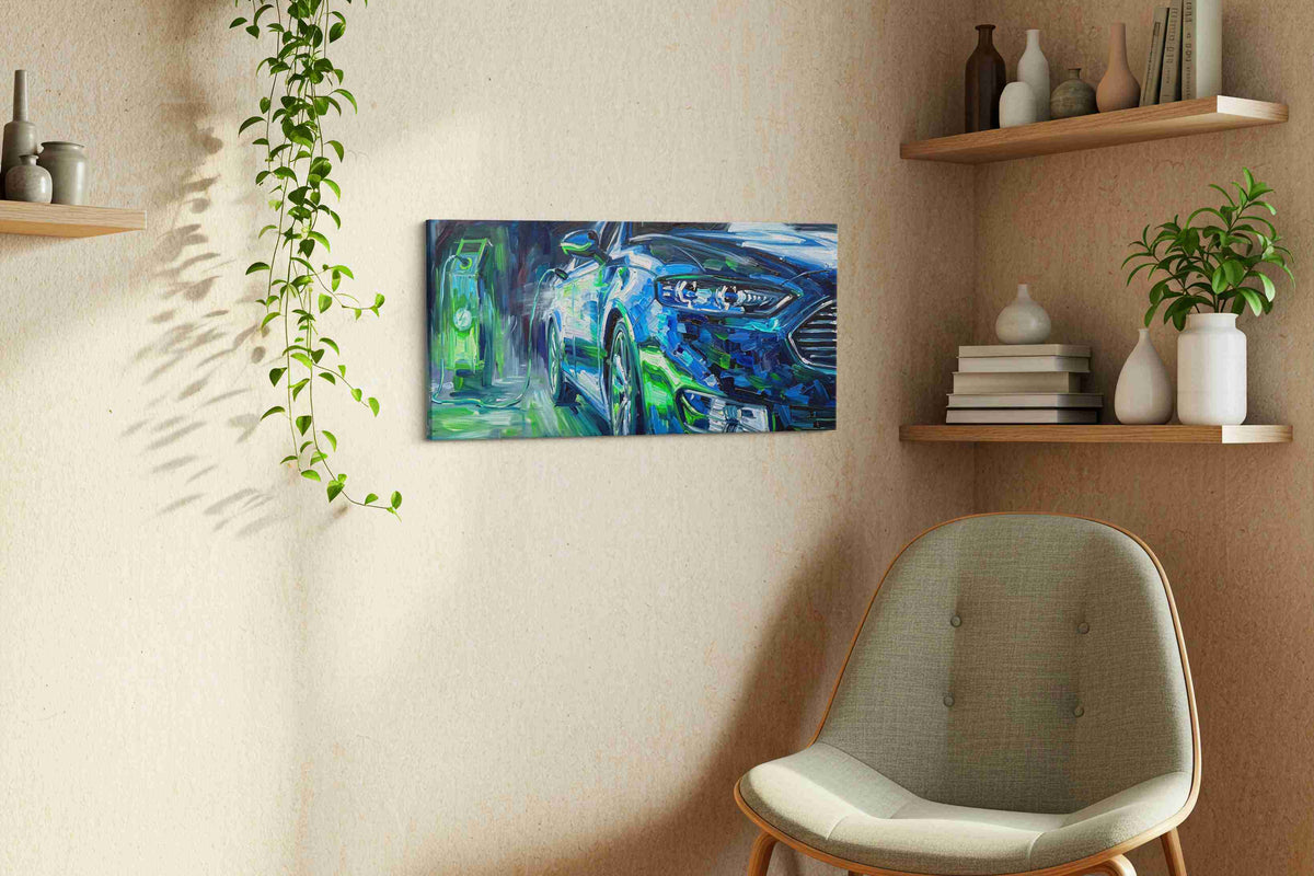 Electric Dreamscape automobile canvas print, displayed in a living room