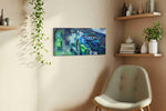 Electric Dreamscape automobile canvas print, displayed in a living room