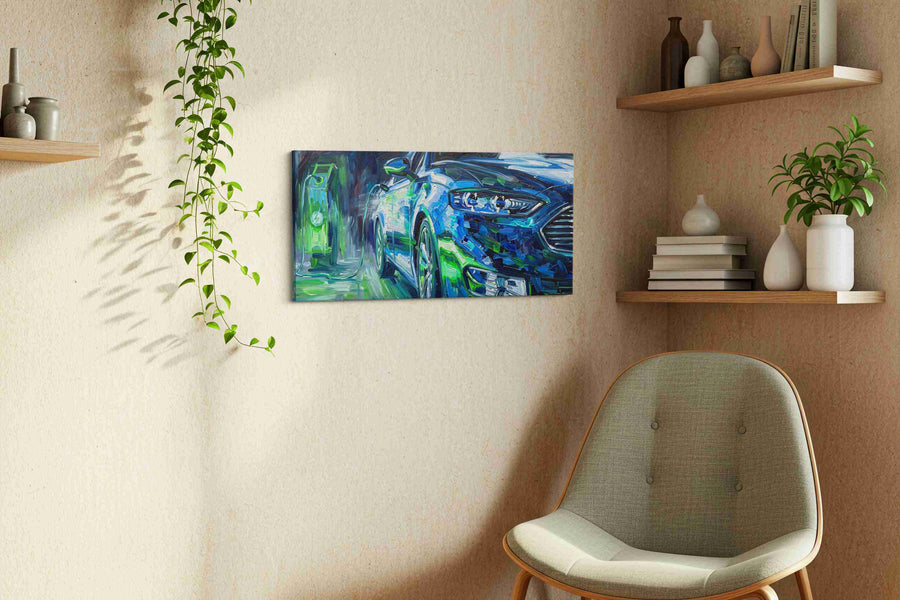 Electric Dreamscape automobile canvas print, displayed in a living room