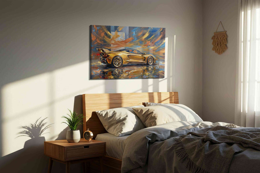 Golden Velocity automobile canvas print, displayed in a bedroom