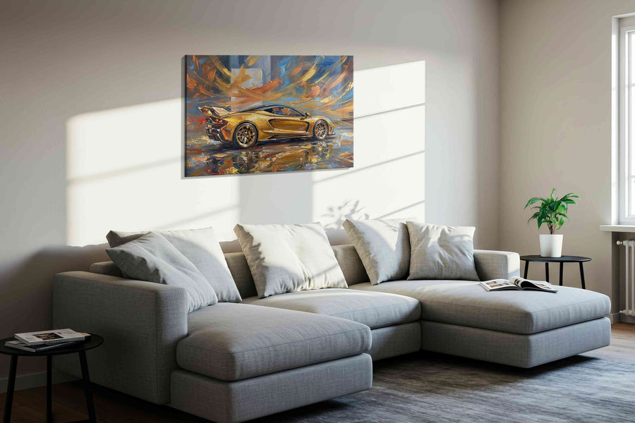 Golden Velocity automobile canvas print, displayed in a living room