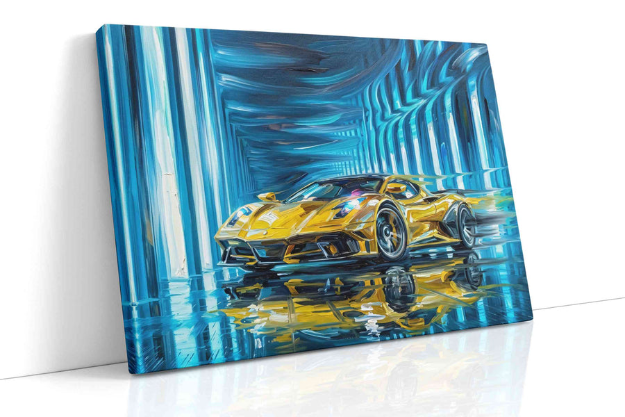 Golden Velocity in Neon Dreams automobile canvas print, gallery-wrapped, ready to hang