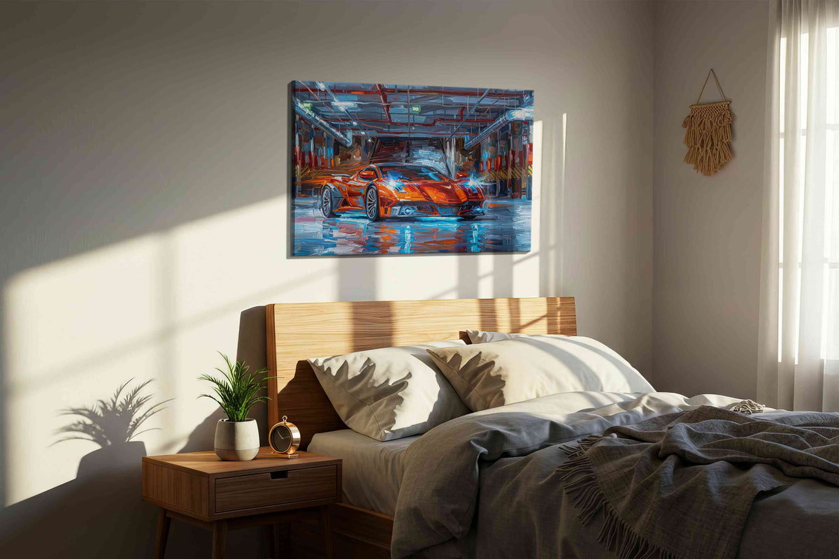 Luminescent Velocity automobile canvas print, displayed in a bedroom