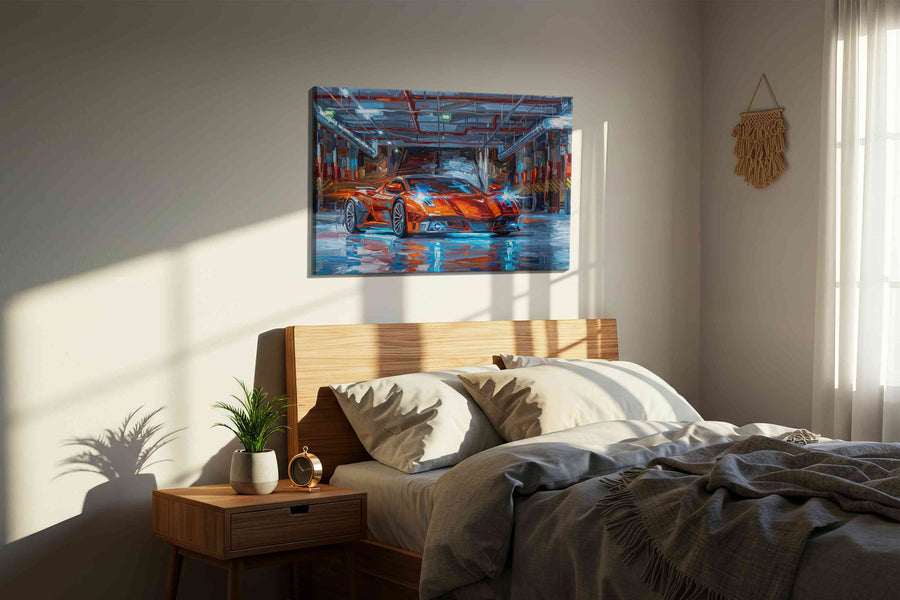 Luminescent Velocity automobile canvas print, displayed in a bedroom