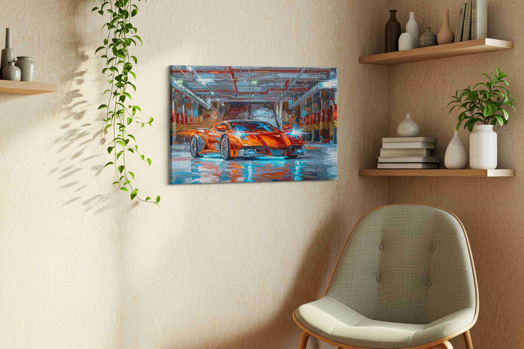 Luminescent Velocity automobile canvas print, displayed in a living room