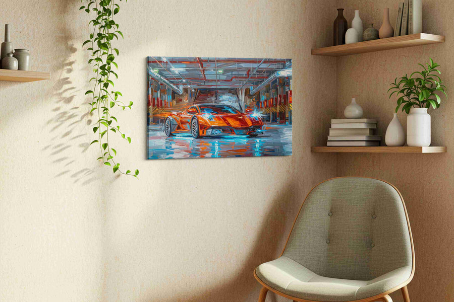 Luminescent Velocity automobile canvas print, displayed in a living room
