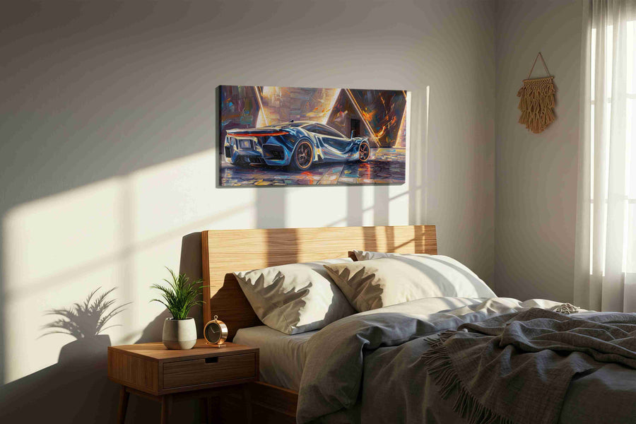 Neon Velocity automobile canvas print, displayed in a bedroom