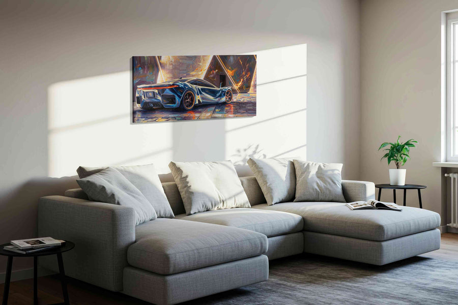 Neon Velocity automobile canvas print, displayed in a living room