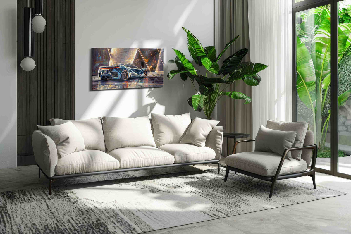 Neon Velocity automobile canvas print, on wall, lifestyle preview