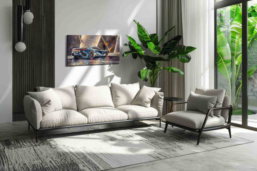 Neon Velocity automobile canvas print, on wall, lifestyle preview