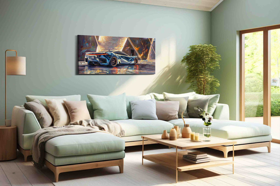Neon Velocity automobile canvas print, hanging on wall