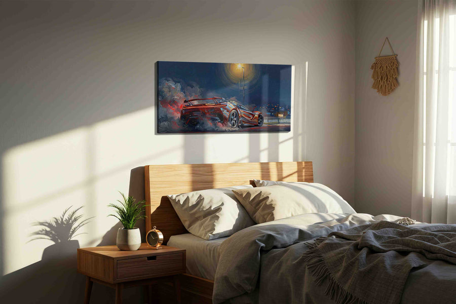 Night Speed Symphony automobile canvas print, displayed in a bedroom