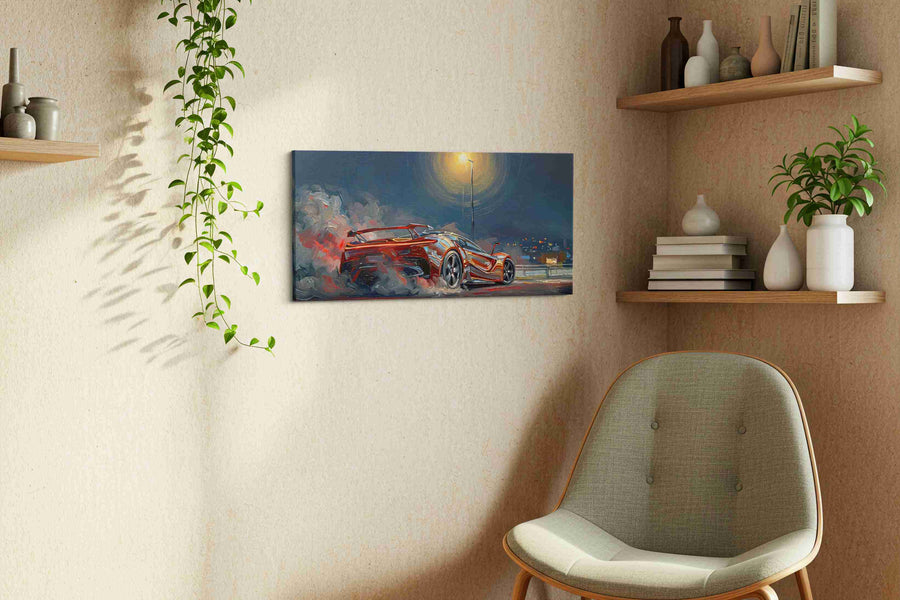 Night Speed Symphony automobile canvas print, displayed in a living room