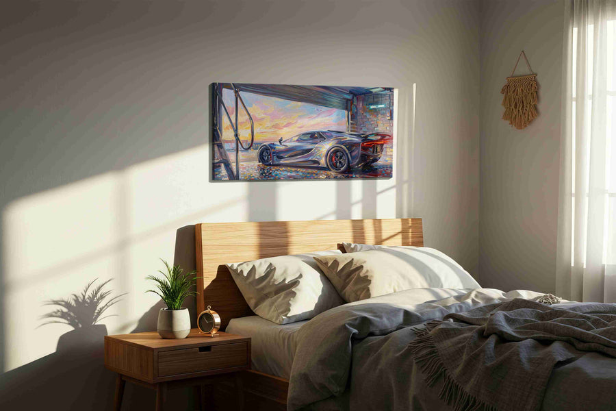 Sunset Speed Symphony automobile canvas print, displayed in a bedroom