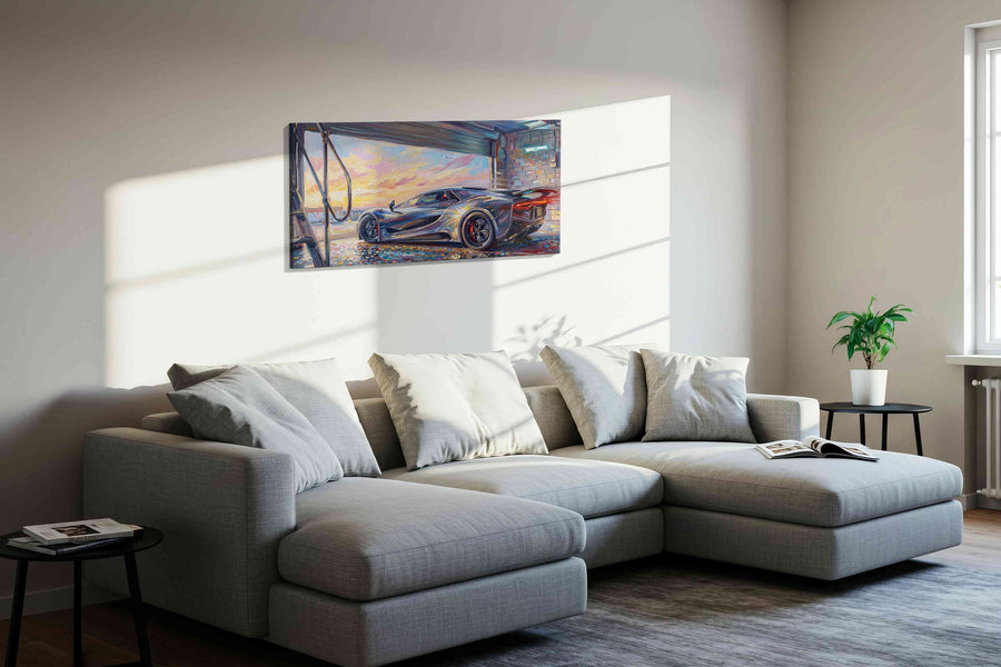 Sunset Speed Symphony automobile canvas print, displayed in a living room
