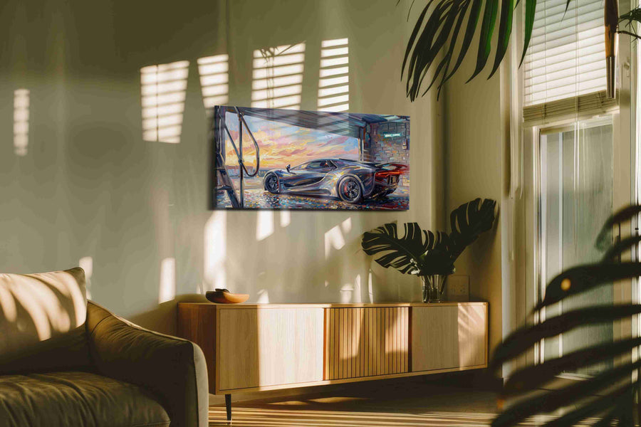 Sunset Speed Symphony automobile canvas print, on wall, lifestyle preview
