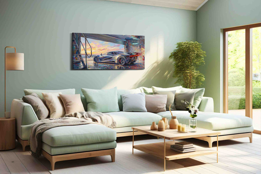 Sunset Speed Symphony automobile canvas print, hanging on wall