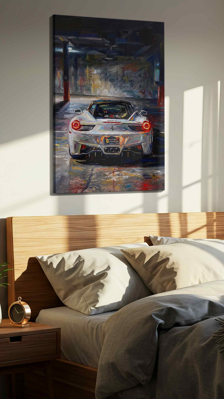 Twilight Speedscape automobile canvas print, displayed in a bedroom