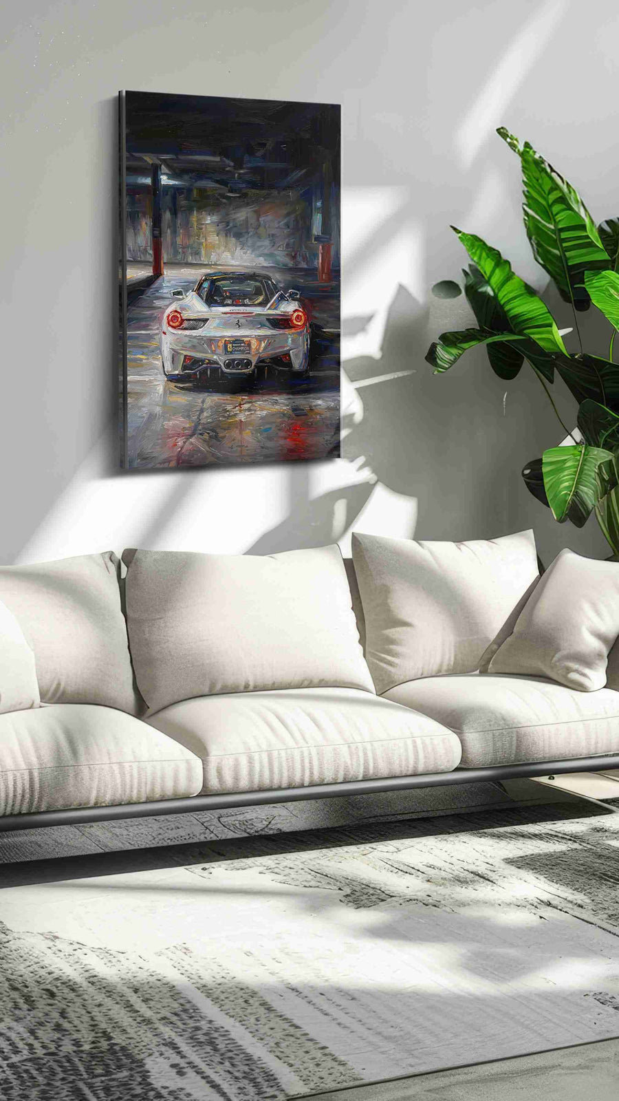 Twilight Speedscape automobile canvas print in a modern interior mockup