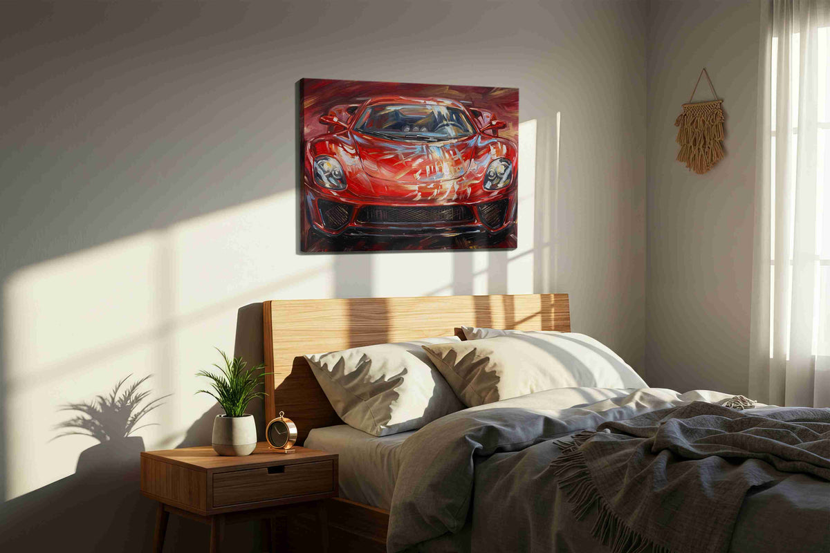 Velocity Flames automobile canvas print, displayed in a bedroom