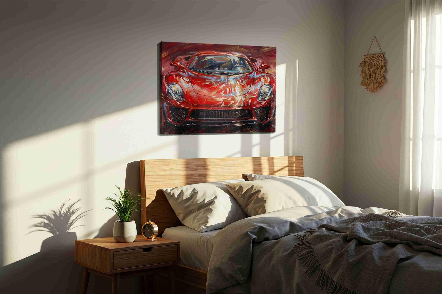 Velocity Flames automobile canvas print, displayed in a bedroom